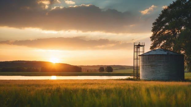 A serene sunset over a field with a silo and calm water, evoking tranquility and nature. photo
