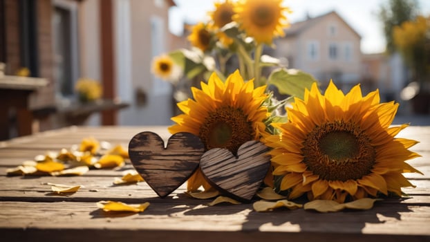 A rustic scene featuring sunflowers and wooden hearts on a table, evoking warmth and love. photo