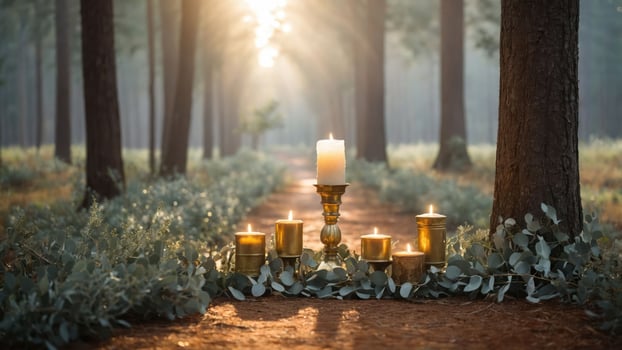 A serene forest path adorned with candles and greenery, creating a tranquil atmosphere. photo