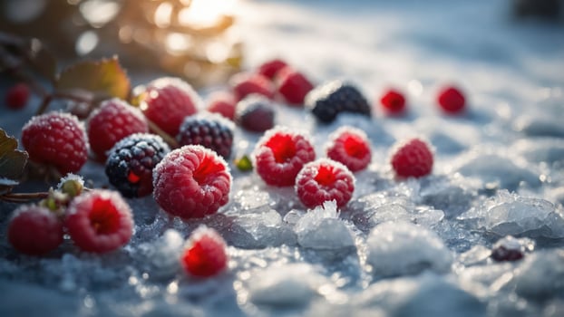 A close-up of frozen raspberries and blackberries on a snowy surface, capturing winter's beauty. photo