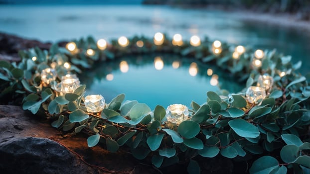 A serene circular arrangement of foliage and candles around a reflective water surface. photo