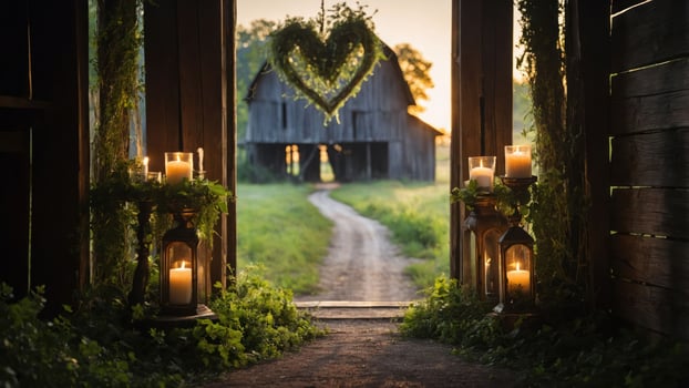 A serene pathway leads to a rustic barn adorned with candles and greenery, evoking romance. photo