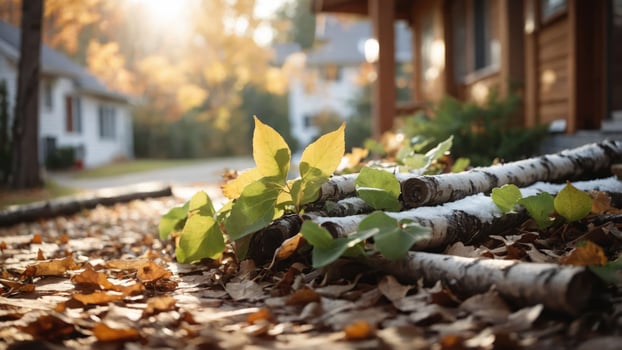 A serene autumn scene with fallen leaves and birch logs in a tranquil neighborhood. photo