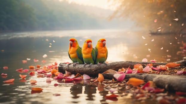 Three colorful parrots perched on a log by a serene river, surrounded by flower petals. photo