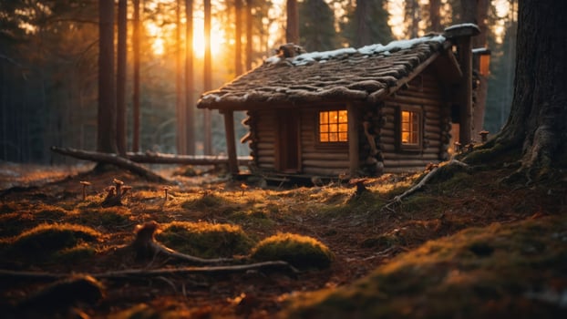 A cozy log cabin surrounded by trees at sunset, evoking a sense of tranquility. photo