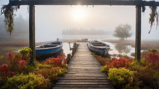 A serene dock with boats surrounded by misty water and vibrant vegetation at sunrise. photo