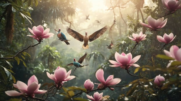 A vibrant jungle scene with birds and blooming magnolia flowers in a misty atmosphere. photo