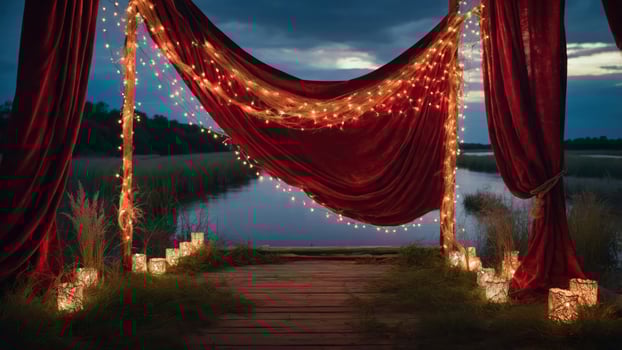 A romantic setup by the water with draped fabric and fairy lights. photo