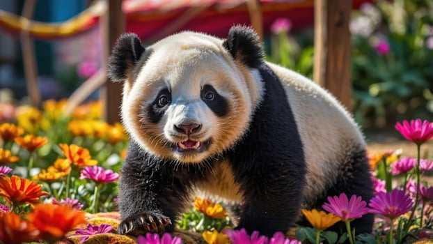 A playful panda surrounded by colorful flowers in a vibrant setting. photo