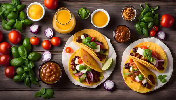 Delicious Mexican Tacos on Wooden Table photo