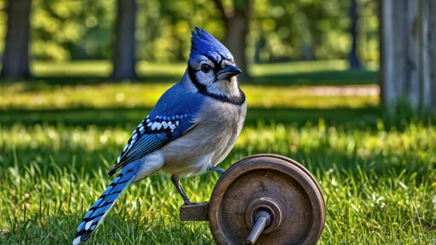 A blue jay perched beside a vintage pulley on green grass in a park setting. photo