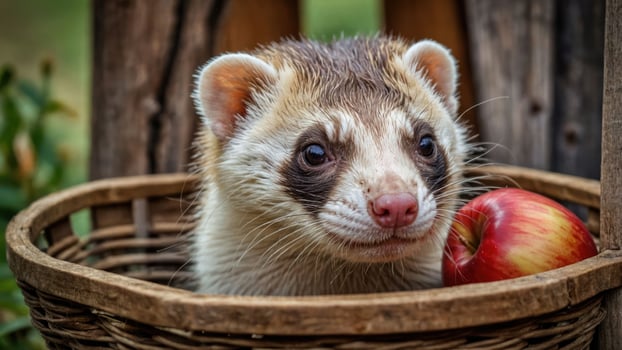 A ferret peeks out from a basket with an apple, showcasing a playful and curious expression. photo