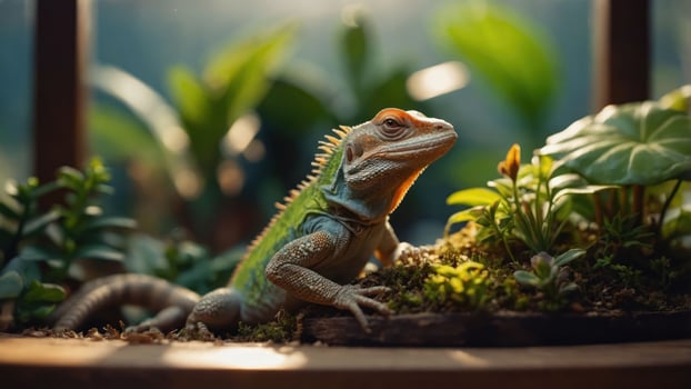 A colorful lizard resting among lush plants in a terrarium setting. photo