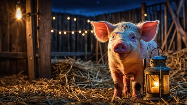A cheerful piglet stands in a barn, illuminated by a lantern amidst straw and string lights. photo