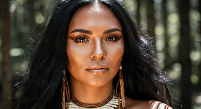 Enchanting portrait of a young native american female with flawless makeup in forest setting photo