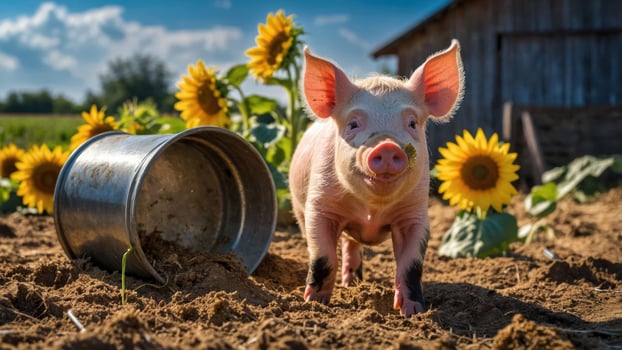 A cheerful piglet stands in a sunny field surrounded by sunflowers and an overturned bucket. photo