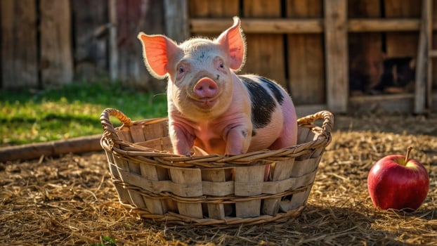 A cute piglet standing in a woven basket beside a red apple in a rustic farm setting. photo