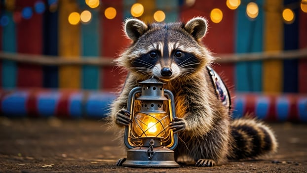 A raccoon holding a lantern in a whimsical setting with colorful background lights. photo