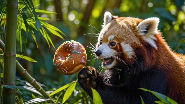 A red panda excitedly reaches for a colorful donut in a lush green environment. photo