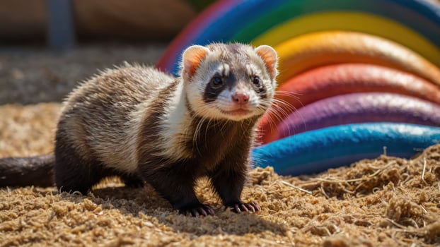 A playful ferret stands in a colorful outdoor setting with a rainbow backdrop. photo