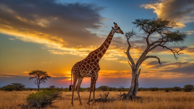 A serene sunset scene featuring a giraffe beside a tree in a savanna landscape. photo