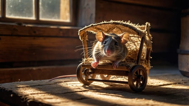 A mouse sits in a small, rustic cart made of straw and wood, illuminated by sunlight. photo