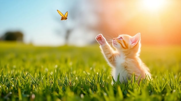 Adorable Kitten Reaching for a Butterfly in a Sunny Meadow photo