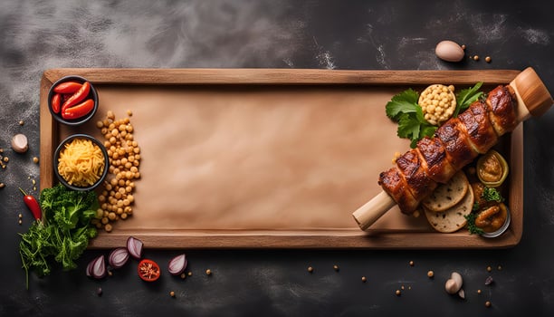 Delicious Roasted Sausage with Toppings on Wooden Tray photo