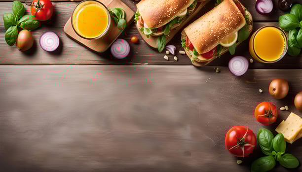 Delicious Sandwich with Fresh Juice and Vegetables photo