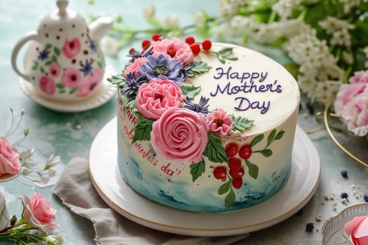 A cake with flowers and a teapot on a table photo