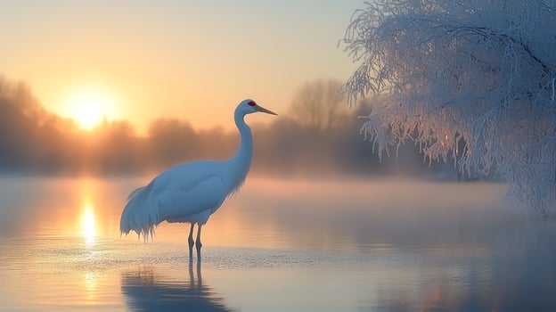 White crane stands on a lake at sunset photo