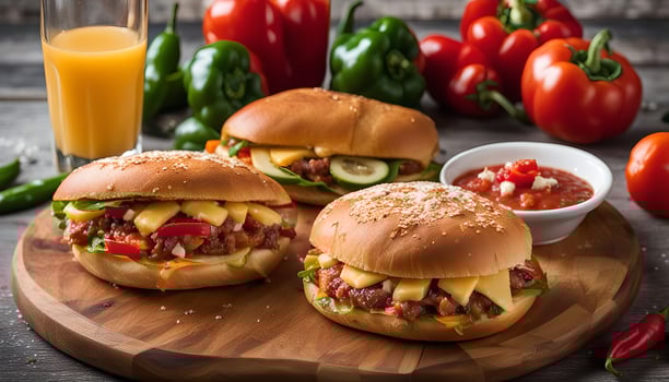 Delicious Cheeseburger with Vegetables on a Wooden Cutting Board photo