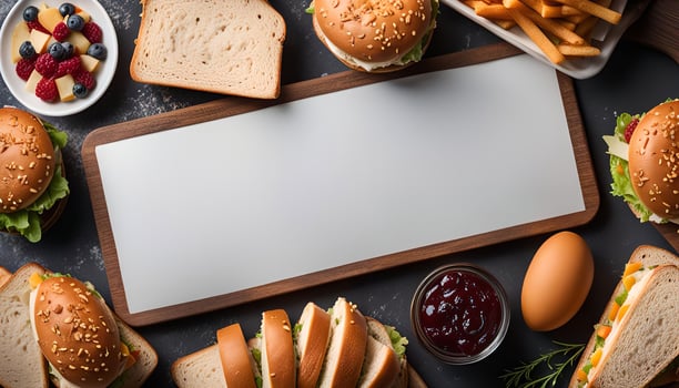 Delicious Food Flatlay with a Blank Whiteboard photo