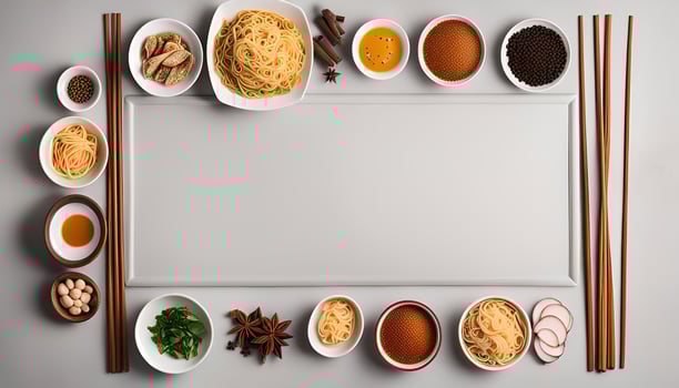 Noodles and Ingredients on a Gray Background photo