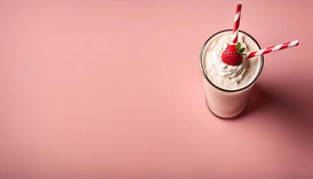 Strawberry Milkshake with Whipped Cream and Red and White Straws on Pink Background photo