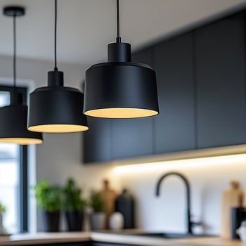 Modern black pendant lights in contemporary kitchen interior design. photo