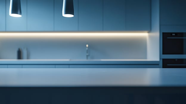 Modern minimalist kitchen with ambient lighting and sleek design. photo