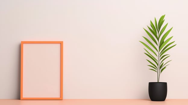 Minimalist Interior Design with Orange Frame and Green Plant on Table Against White Wall for Modern Home Aesthetic and Decor Trends photo