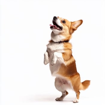 Playful corgi standing on hind legs against white background photo