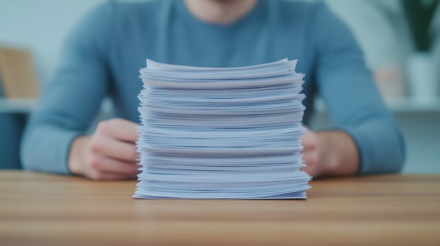 Stack of Paperwork on Desk with Person Sitting Behind in Blue Shirt Home Office Organization photo