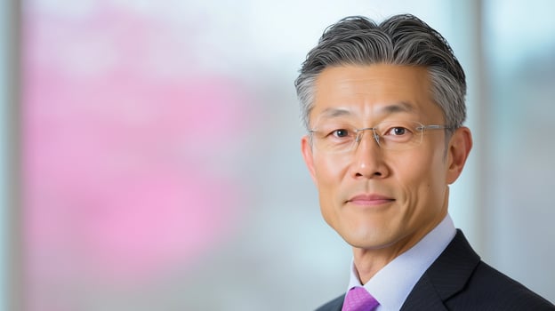 Professional Portrait of Mature Asian Businessman in Suit and Tie with Pink Background Blur photo