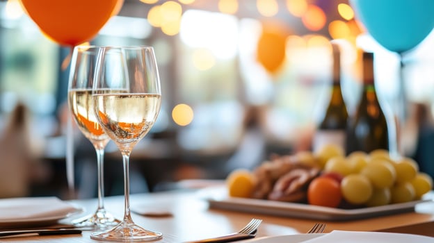 Two glasses of white wine on a table with a plate of fruit and snacks and balloons in the background. photo