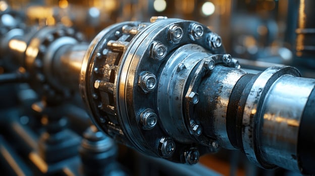 Industrial pipeline flange connecting pipes in a factory setting photo