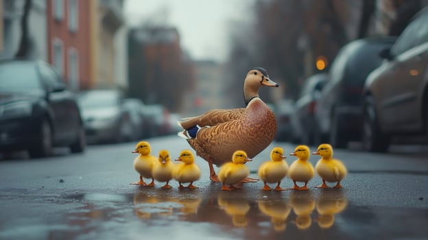 Mother duck leading ducklings across city street photo