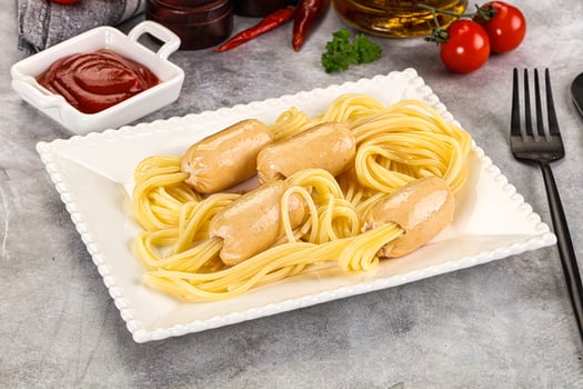 Dietary baby chicken sausage with spaghetti photo