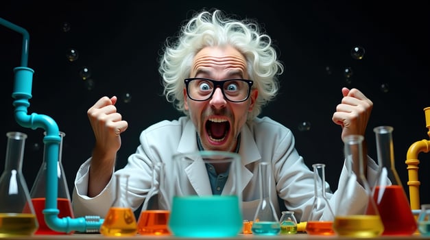 Energetic scientist celebrating a successful experiment with colorful liquids in a modern laboratory. photo