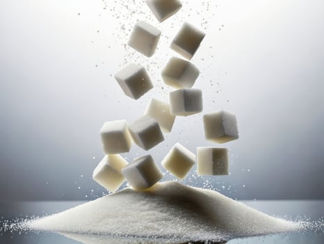 Sugar cubes cascading from above creating a spiral formation on a heap of granulated sugar photo