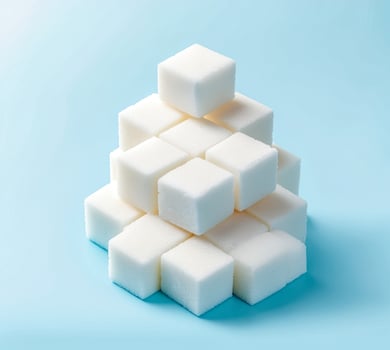 White sugar cubes arranged in a pyramid on a light blue background create a striking visual display showcasing simplicity and texture photo