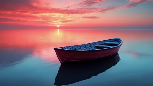 Serene sunset over calm waters with a single boat floating in pastel hues photo