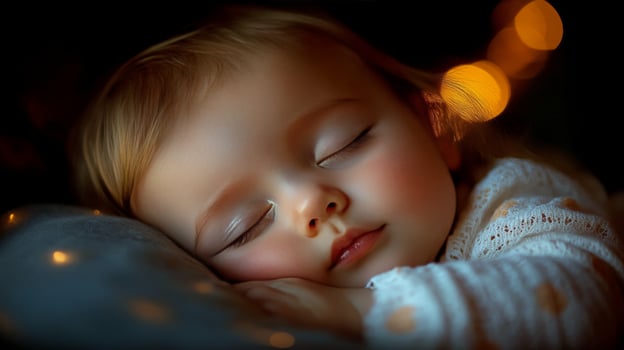 Sweet baby sleeping peacefully surrounded by warm lights in a cozy atmosphere photo